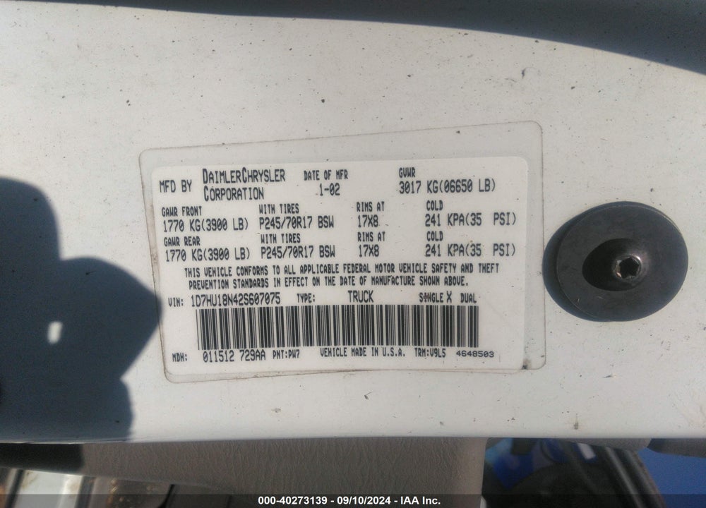 2002 DODGE RAM 1500 ST VIN: 1D7HU18N42S607075