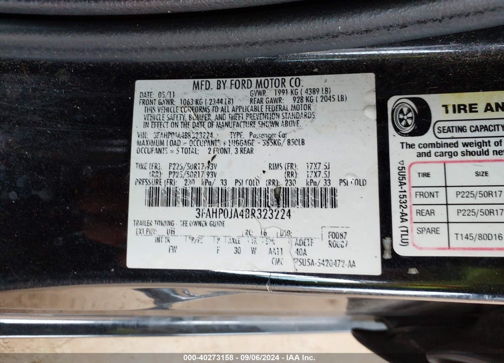 2011 FORD FUSION SEL VIN: 3FAHP0JA4BR323224