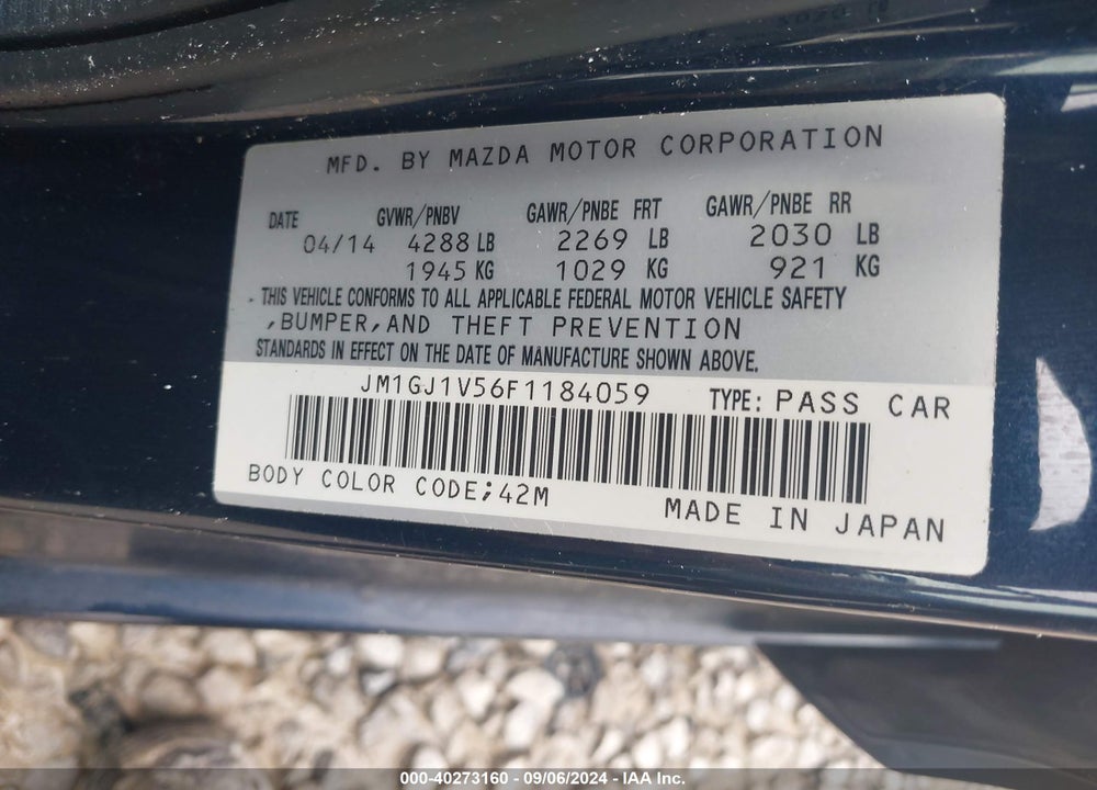 2015 MAZDA 6 I TOURING VIN: JM1GJ1V56F1184059