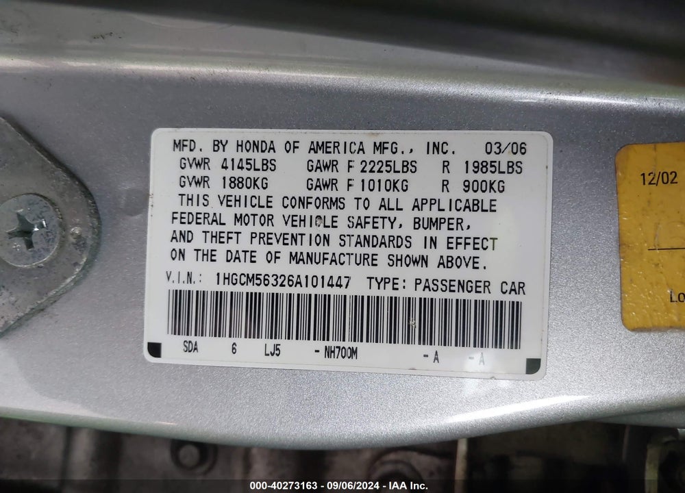 2006 HONDA ACCORD 2.4 SE VIN: 1HGCM56326A101447