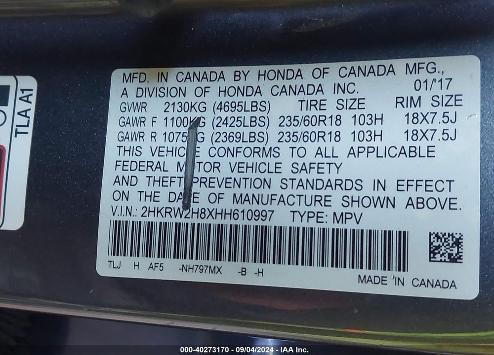 2017 HONDA CR-V EX-L/EX-L NAVI VIN: 2HKRW2H8XHH610997