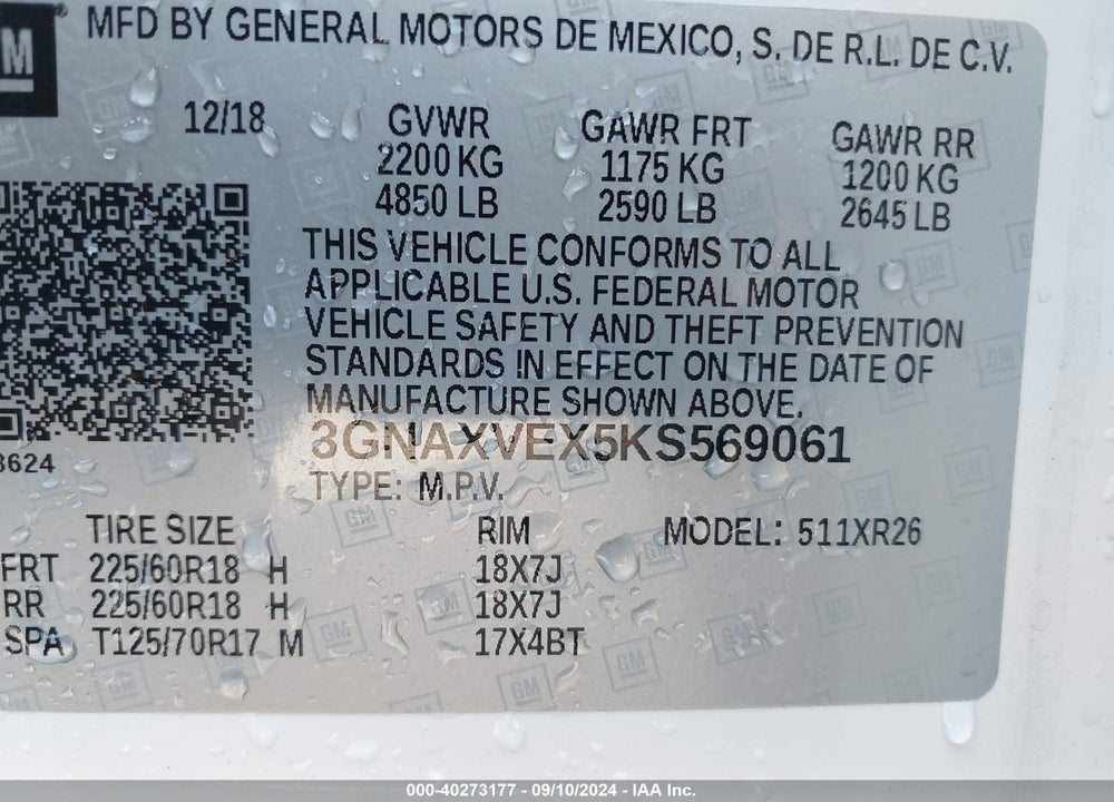 2019 CHEVROLET EQUINOX LT VIN: 3GNAXVEX5KS569061