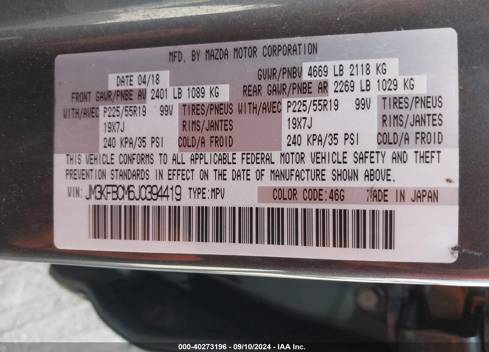 2018 MAZDA CX-5 TOURING VIN: JM3KFBCM6J0394419
