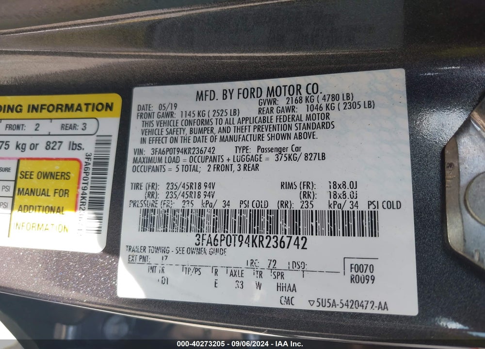 2019 FORD FUSION SE VIN: 3FA6P0T94KR236742