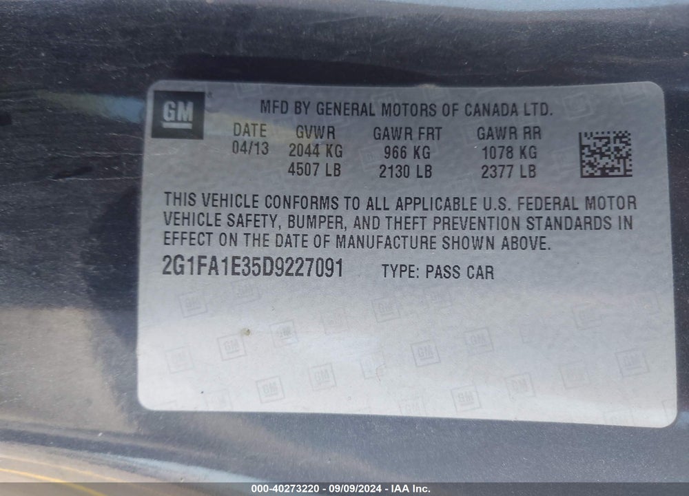 2013 CHEVROLET CAMARO 2LS VIN: 2G1FA1E35D9227091