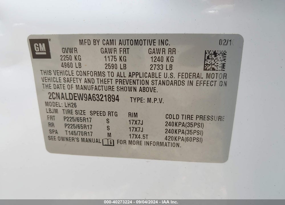 2010 CHEVROLET EQUINOX LT VIN: 2CNALDEW9A6321894