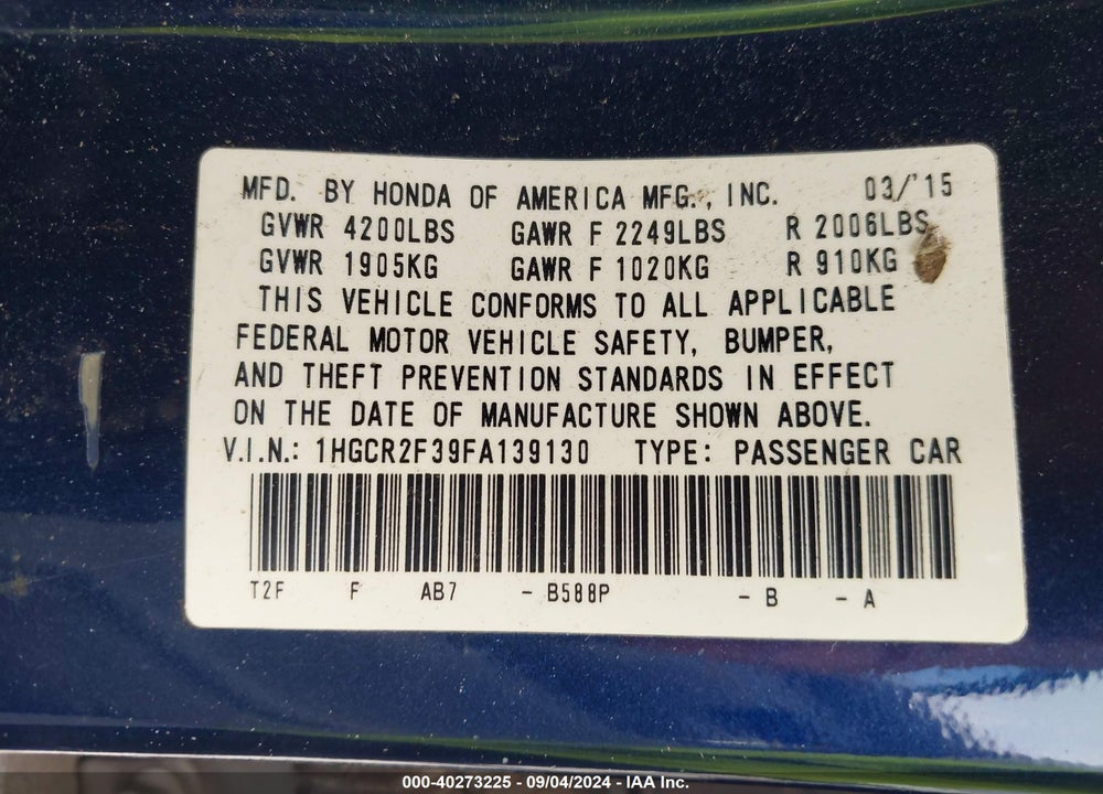 2015 HONDA ACCORD LX VIN: 1HGCR2F39FA139130