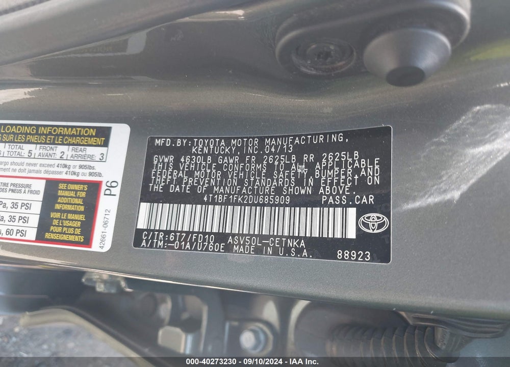2013 TOYOTA CAMRY LE VIN: 4T1BF1FK2DU685909