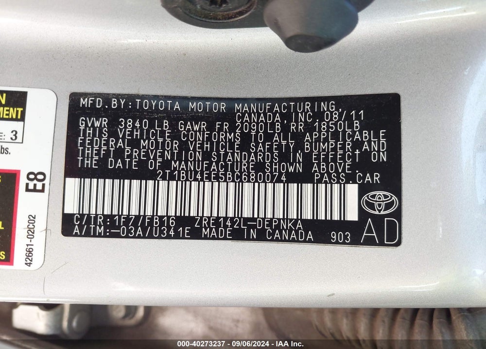 2011 TOYOTA COROLLA LE VIN: 2T1BU4EE5BC680074