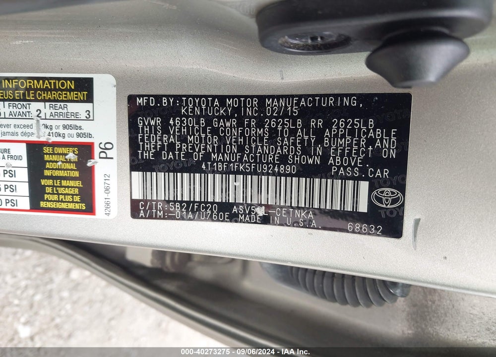 2015 TOYOTA CAMRY LE VIN: 4T1BF1FK5FU924890