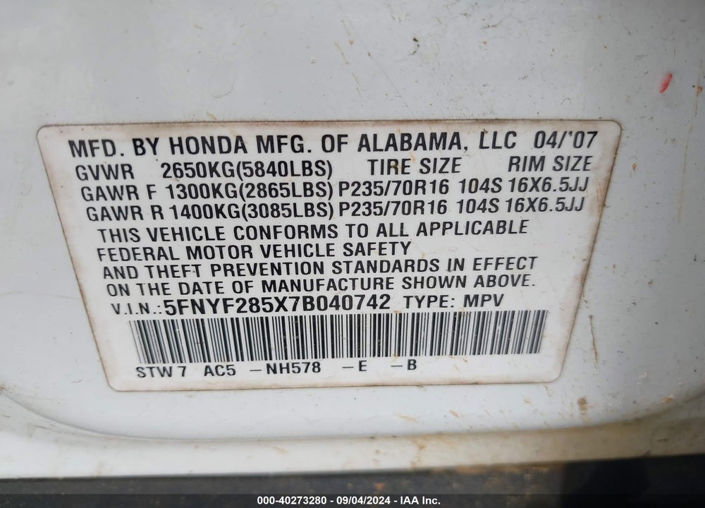 2007 HONDA PILOT EX-L VIN: 5FNYF285X7B040742
