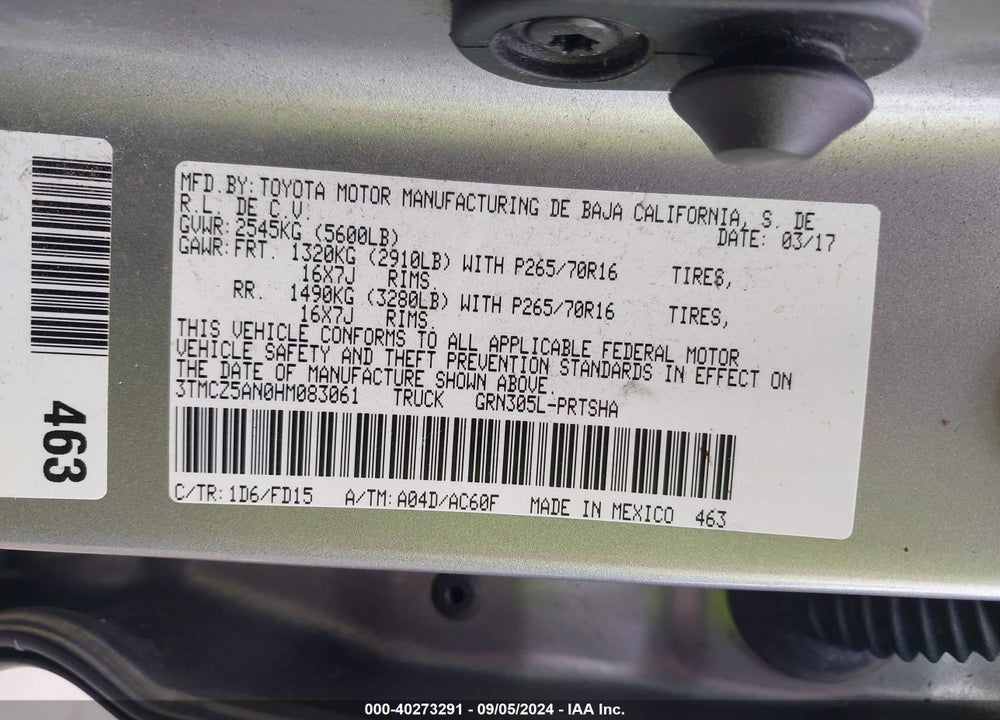 2017 TOYOTA TACOMA TRD OFF ROAD VIN: 3TMCZ5AN0HM083061