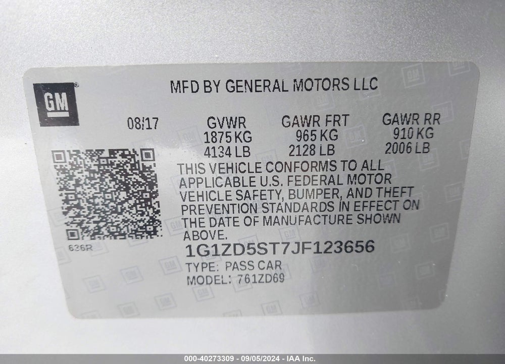 2018 CHEVROLET MALIBU LT VIN: 1G1ZD5ST7JF123656