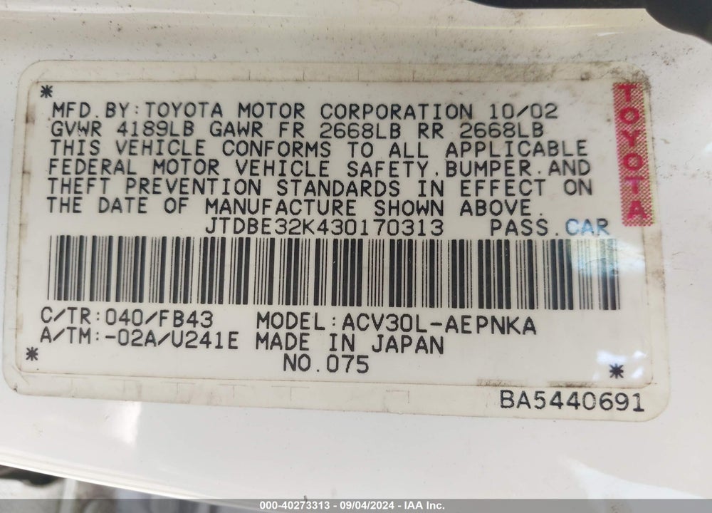 2003 TOYOTA CAMRY LE VIN: JTDBE32K430170313