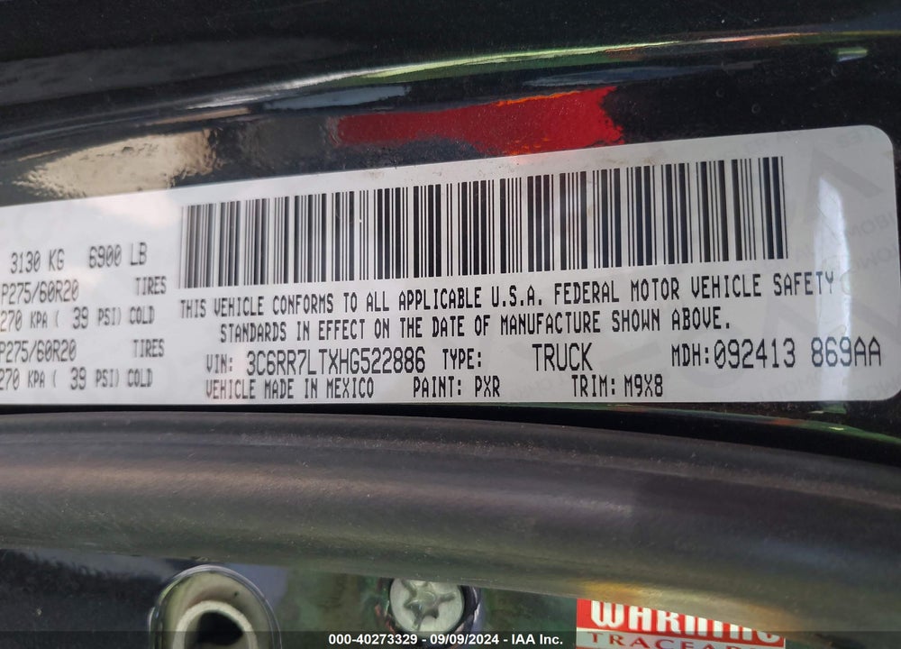 2017 RAM 1500 VIN: 3C6RR7LTXHG522886