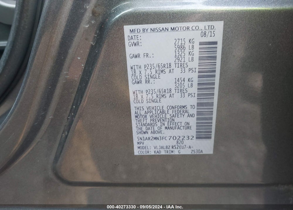 2015 NISSAN PATHFINDER S VIN: 5N1AR2MN3FC702232