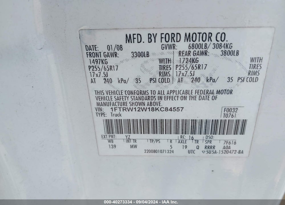 2008 FORD F-150 60TH ANNIVERSARY/FX2/XL/XLT VIN: 1FTRW12W18KC84557