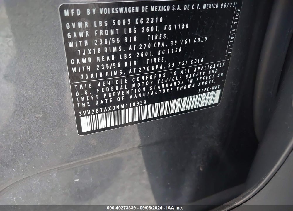 2022 VOLKSWAGEN TIGUAN 2.0T SE VIN: 3VV2B7AX0NM119938