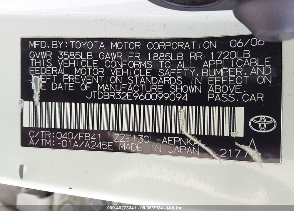 2006 TOYOTA COROLLA LE VIN: JTDBR32E960099094