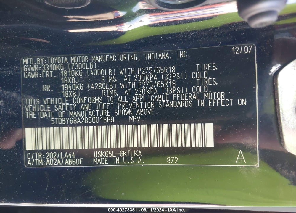 2008 TOYOTA SEQUOIA LIMITED 5.7L V8 VIN: 5TDBY68A28S001869
