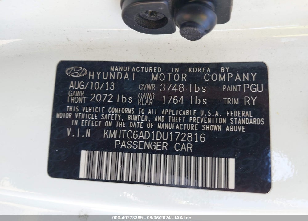 2013 HYUNDAI VELOSTER BASE W/GRAY VIN: KMHTC6AD1DU172816