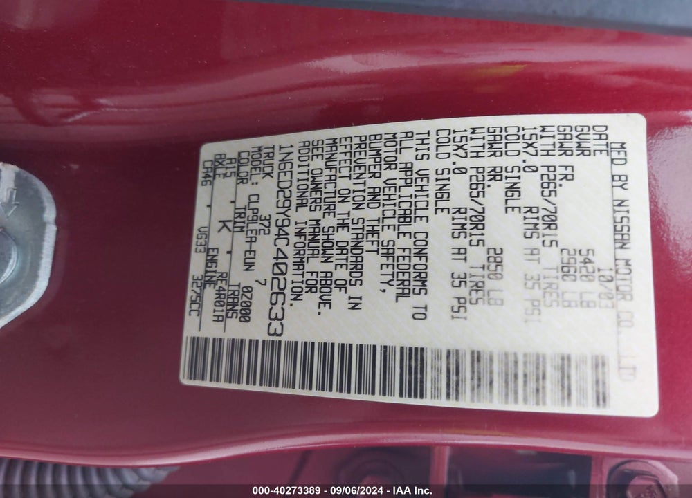 2004 NISSAN FRONTIER XE-V6 VIN: 1N6ED29Y94C402633
