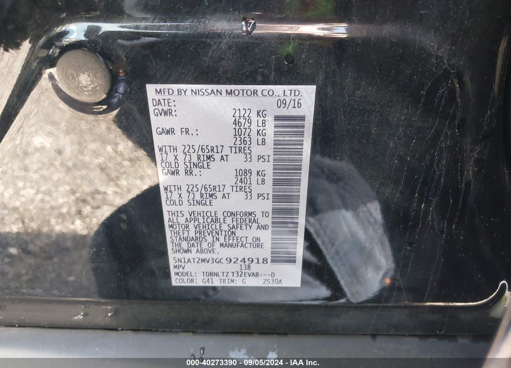 2016 NISSAN ROGUE SV VIN: 5N1AT2MV3GC924918