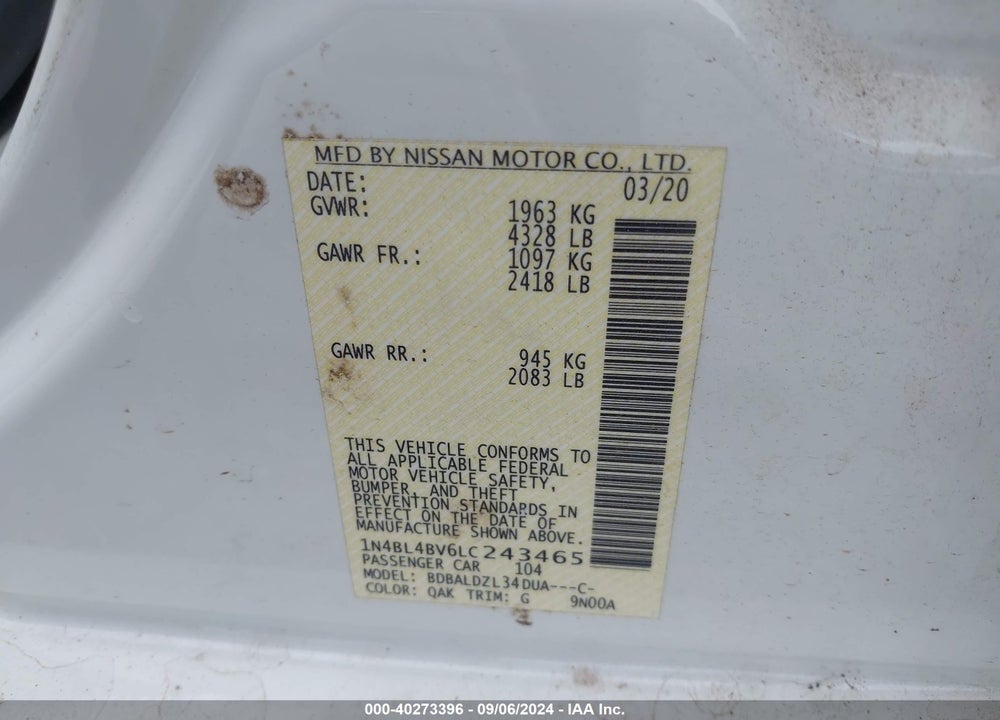 2020 NISSAN ALTIMA S FWD VIN: 1N4BL4BV6LC243465