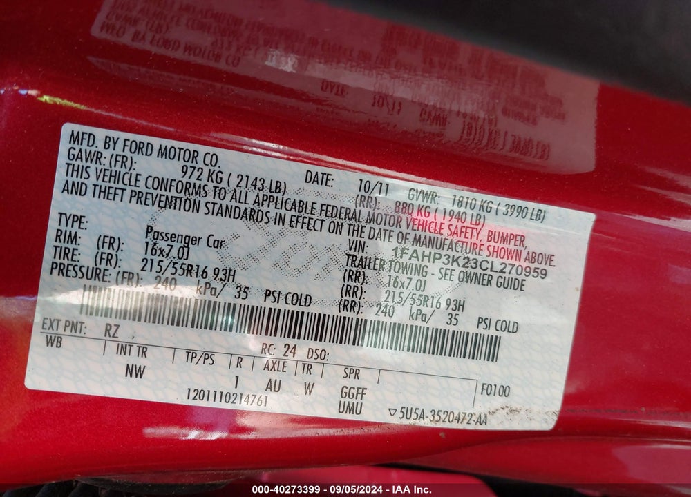2012 FORD FOCUS SE VIN: 1FAHP3K23CL270959