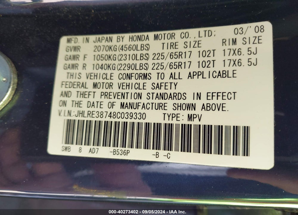 2008 HONDA CR-V EX-L VIN: JHLRE38748C039330