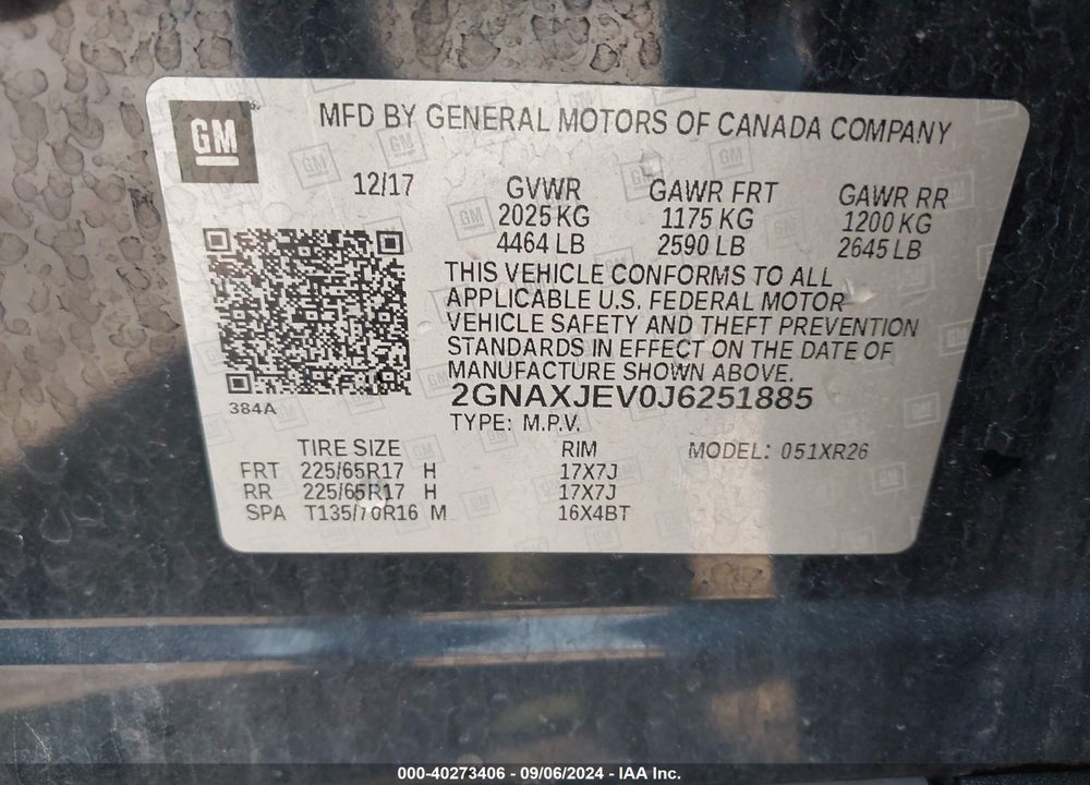 2018 CHEVROLET EQUINOX LT VIN: 2GNAXJEV0J6251885