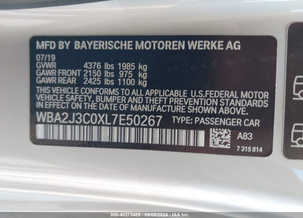 2020 BMW 230I VIN: WBA2J3C0XL7E50267