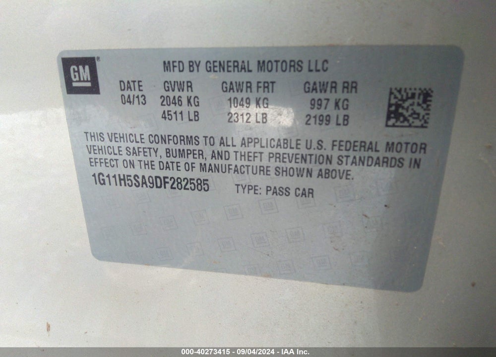 2013 CHEVROLET MALIBU 1LZ VIN: 1G11H5SA9DF282585