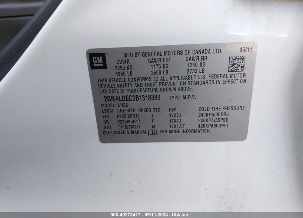 2011 CHEVROLET EQUINOX 1LT VIN: 2GNALDEC3B1318389