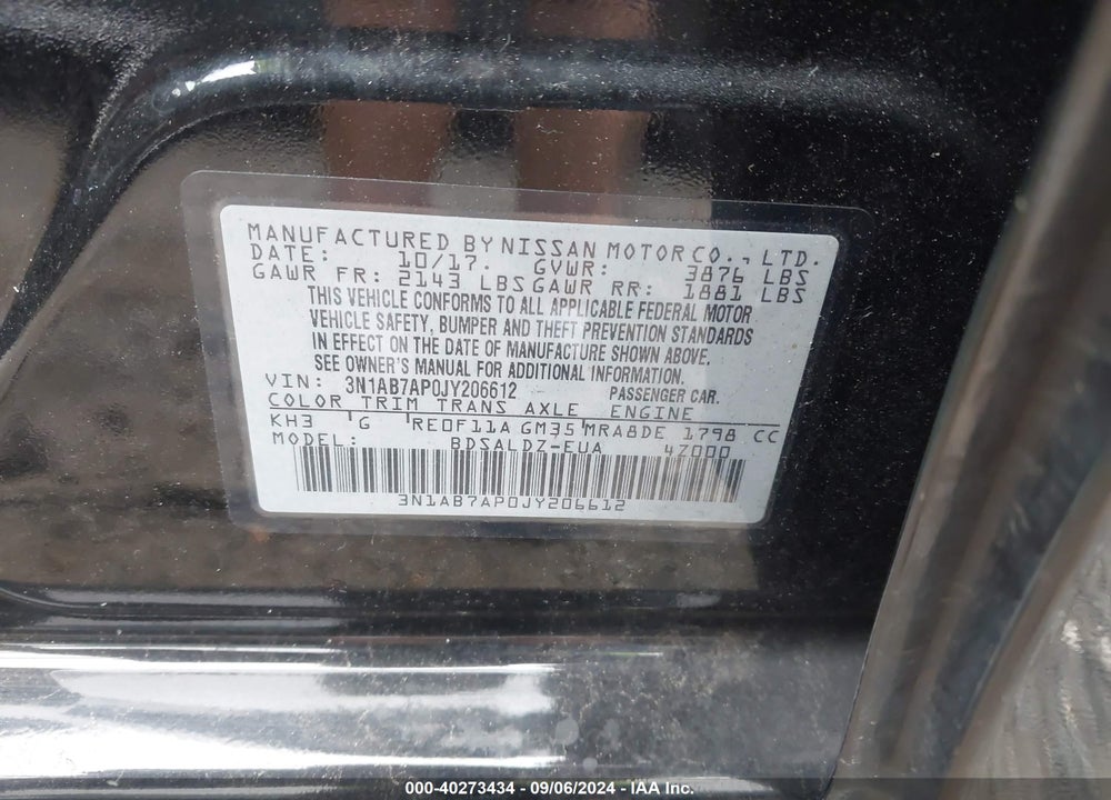 2018 NISSAN SENTRA SV VIN: 3N1AB7AP0JY206612