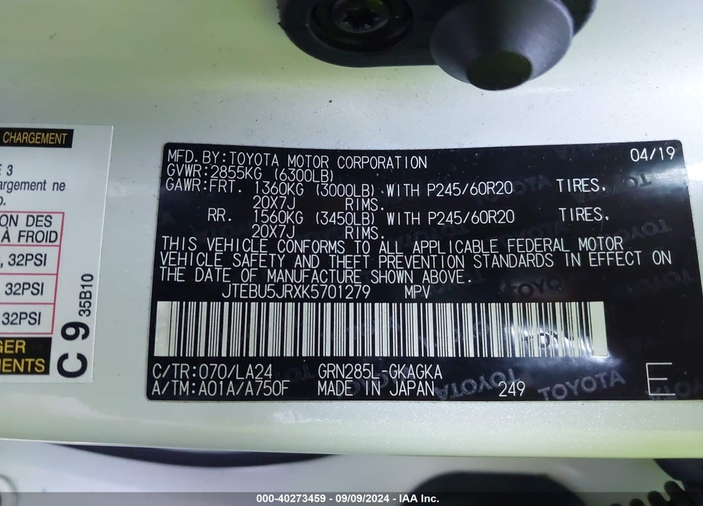 2019 TOYOTA 4RUNNER LIMITED VIN: JTEBU5JRXK5701279