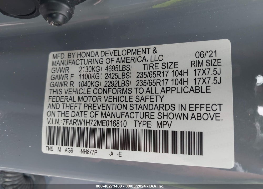 2021 HONDA CR-V 2WD SPECIAL EDITION VIN: 7FARW1H72ME016810