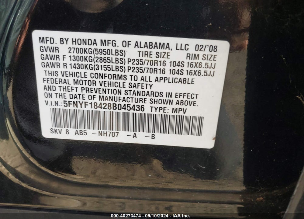 2008 HONDA PILOT EX VIN: 5FNYF18428B045436