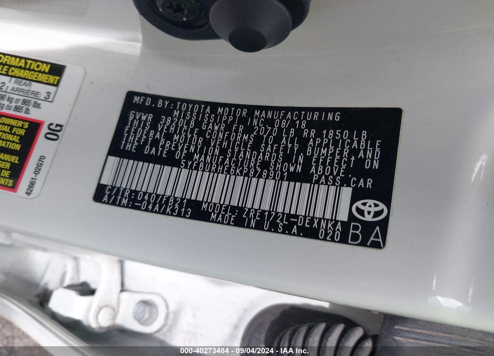 2019 TOYOTA COROLLA LE VIN: 5YFBURHE6KP878901