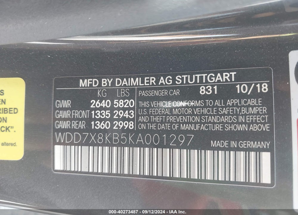 2019 MERCEDES-BENZ AMG GT 63 4-DOOR COUPE S VIN: WDD7X8KB5KA001297