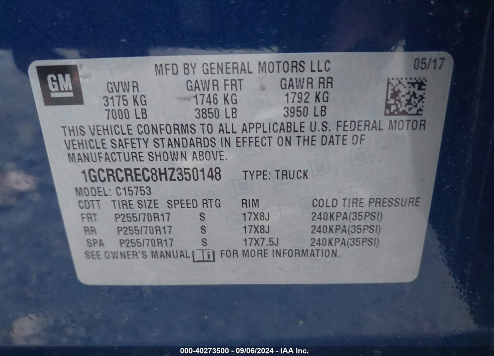 2017 CHEVROLET SILVERADO 1500 LT VIN: 1GCRCREC8HZ350148