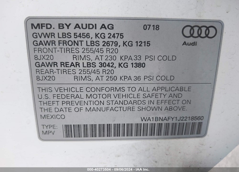 2018 AUDI Q5 2.0T PREMIUM/2.0T TECH PREMIUM VIN: WA1BNAFY1J2218560