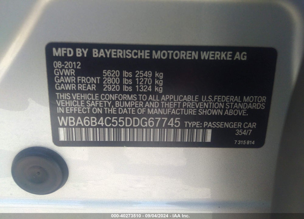 2013 BMW 650I GRAN COUPE XDRIVE VIN: WBA6B4C55DDG67745