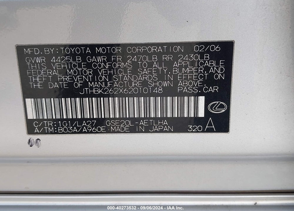 2006 LEXUS IS 250 VIN: JTHBK262X62010148