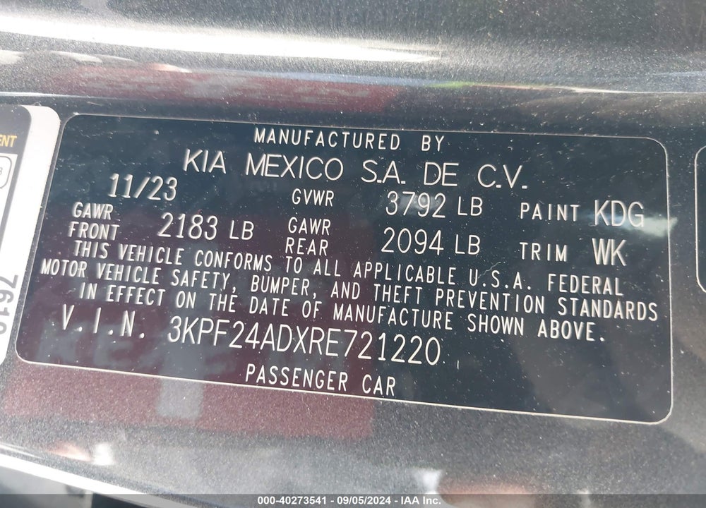 2024 KIA FORTE LXS VIN: 3KPF24ADXRE721220