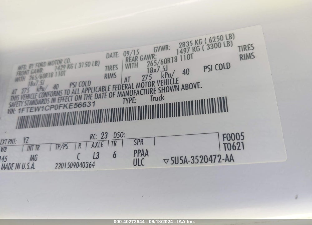 2015 FORD F-150 XLT VIN: 1FTEW1CP0FKE56631
