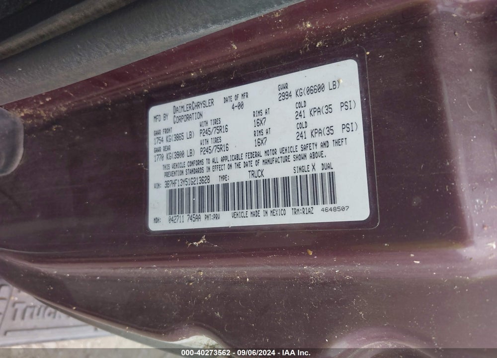 2001 DODGE RAM 1500 ST VIN: 3B7HF13Y51G213628