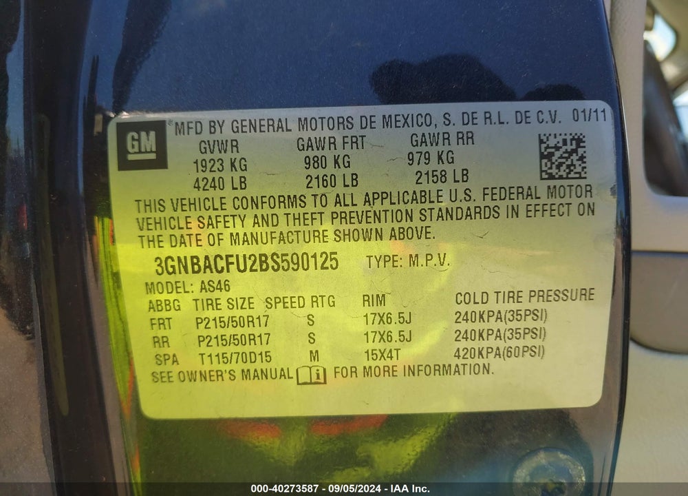 2011 CHEVROLET HHR LT VIN: 3GNBACFU2BS590125