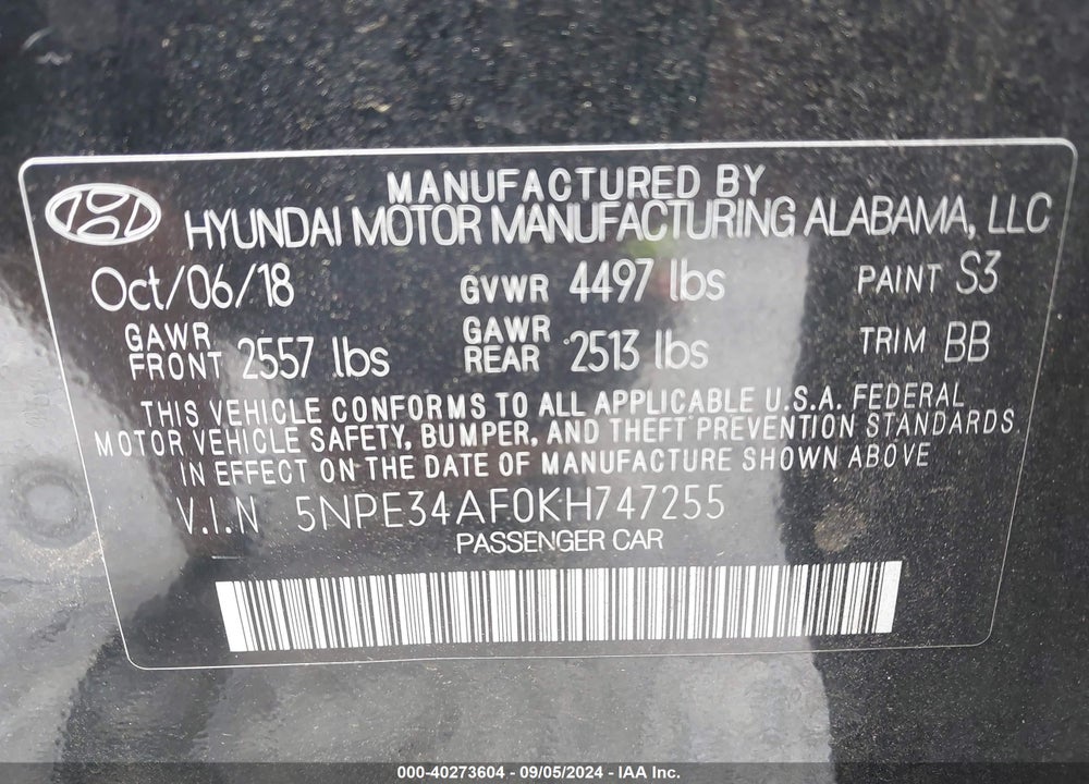 2019 HYUNDAI SONATA LIMITED VIN: 5NPE34AF0KH747255