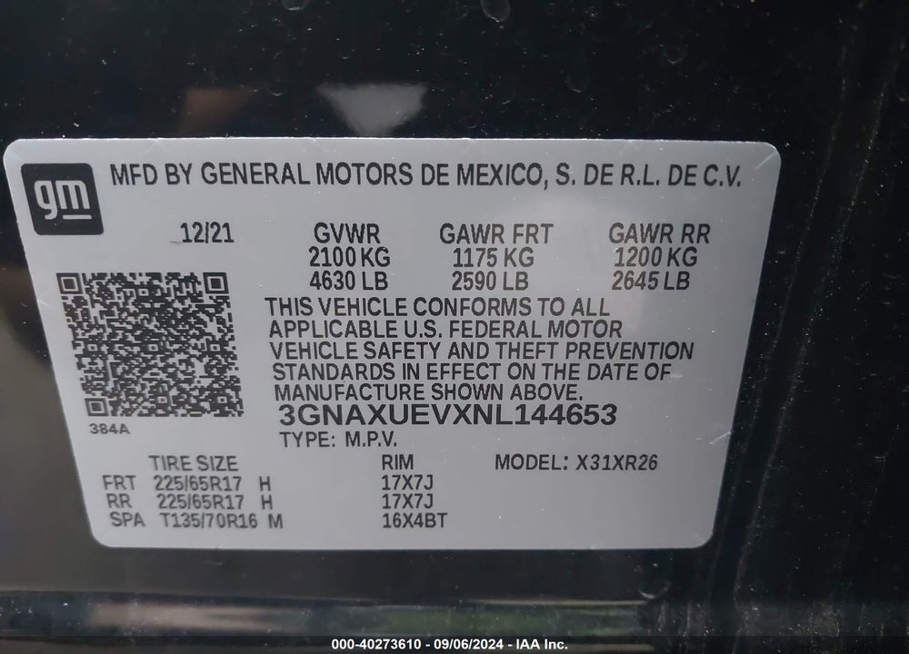 2022 CHEVROLET EQUINOX AWD LT VIN: 3GNAXUEVXNL144653